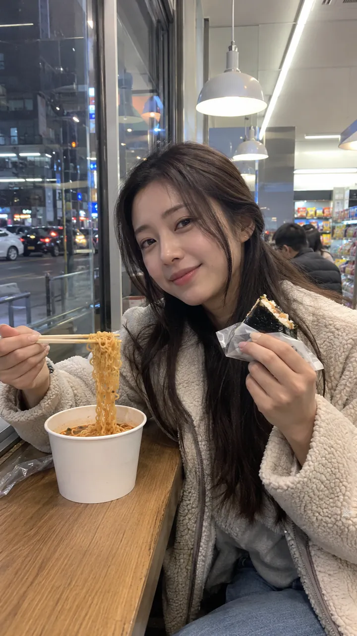 한국 편의점 창가에서 컵라면과 삼각김밥을 먹는 대만 크리에이터